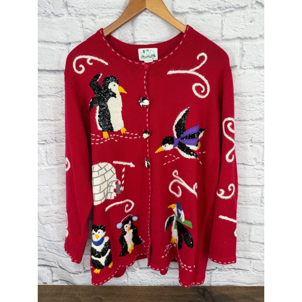 Vintage Quacker Factory Red Penguin Sequin Cardigan Sweater 1X  Cottagecore